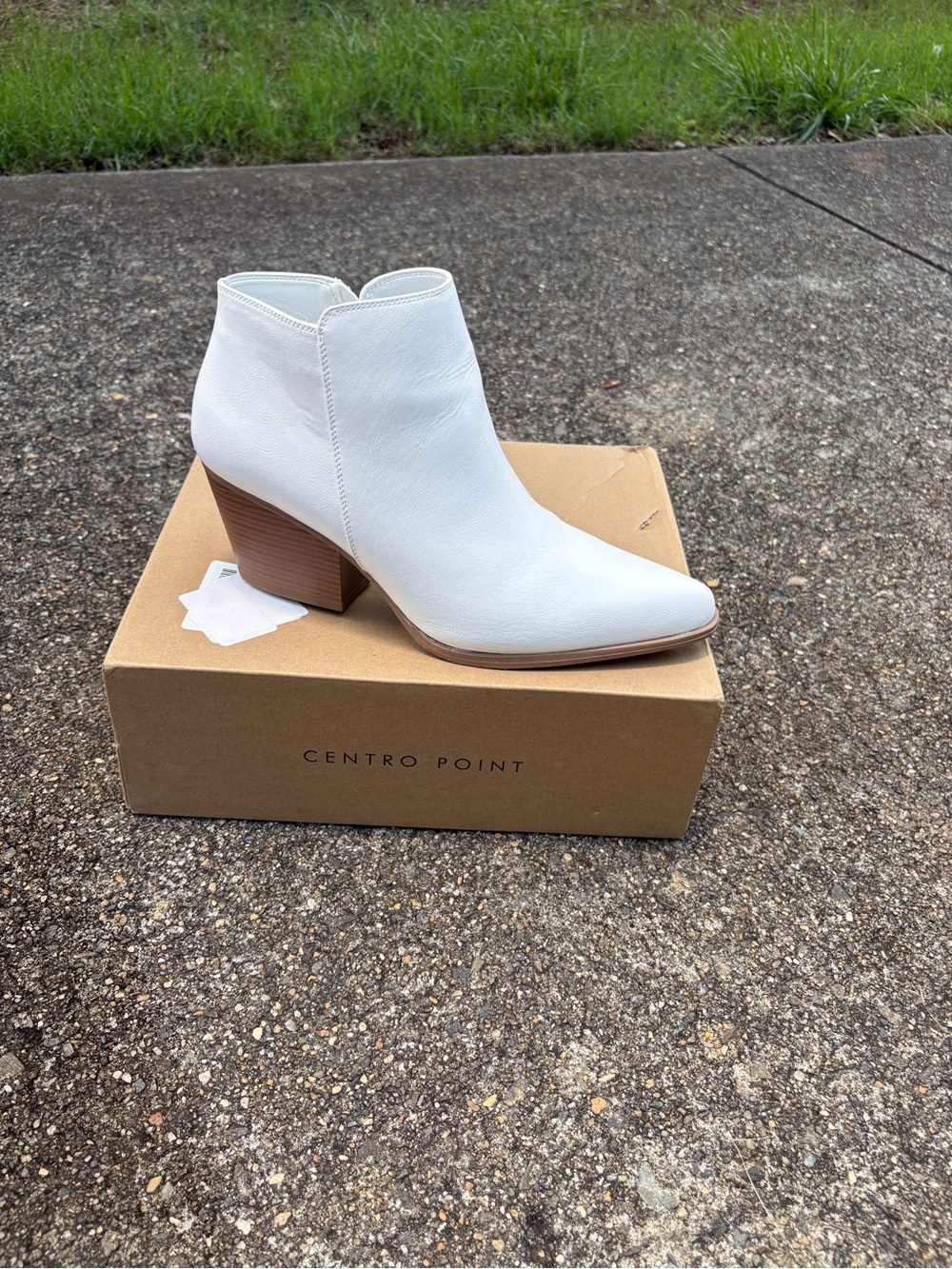 White Leather Ankle Bootie with Stacked Heel